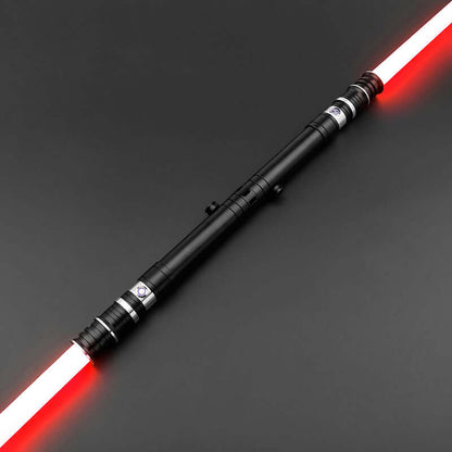 Valor Twin Lightsabers - black hilt with red blades on a dark background, ideal for training and dueling.