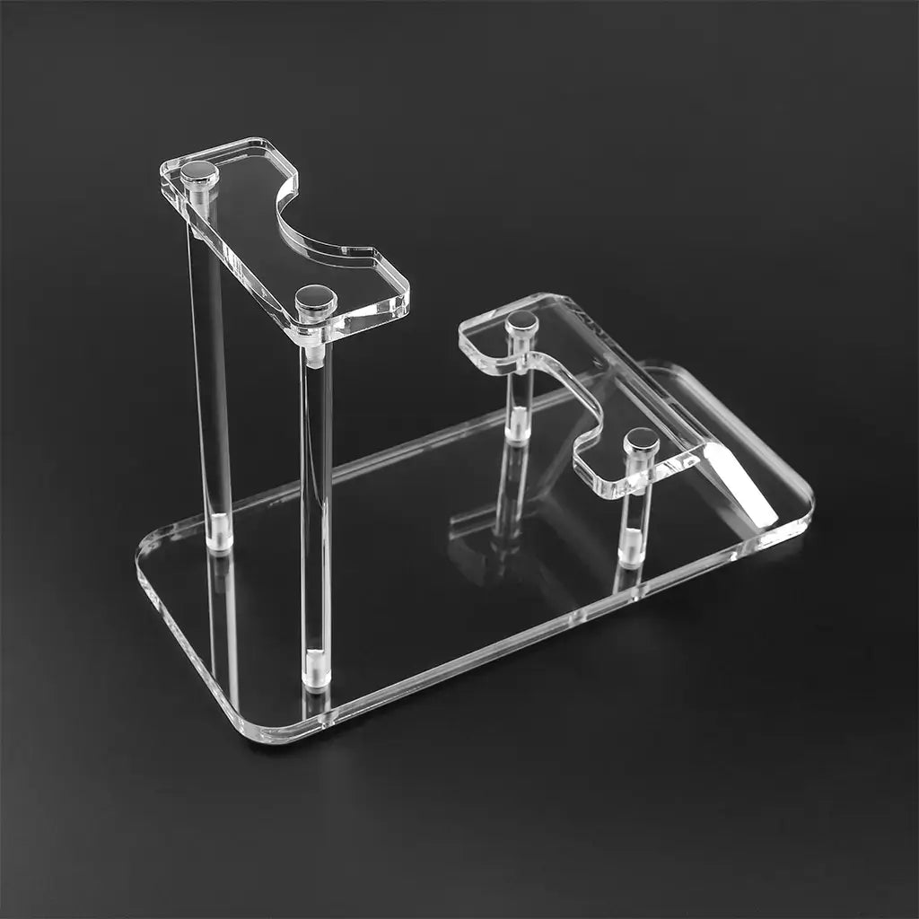 Clear Acrylic Saber Stand: Sleek, transparent design providing stability and visual appeal for showcasing collectible lightsabers.