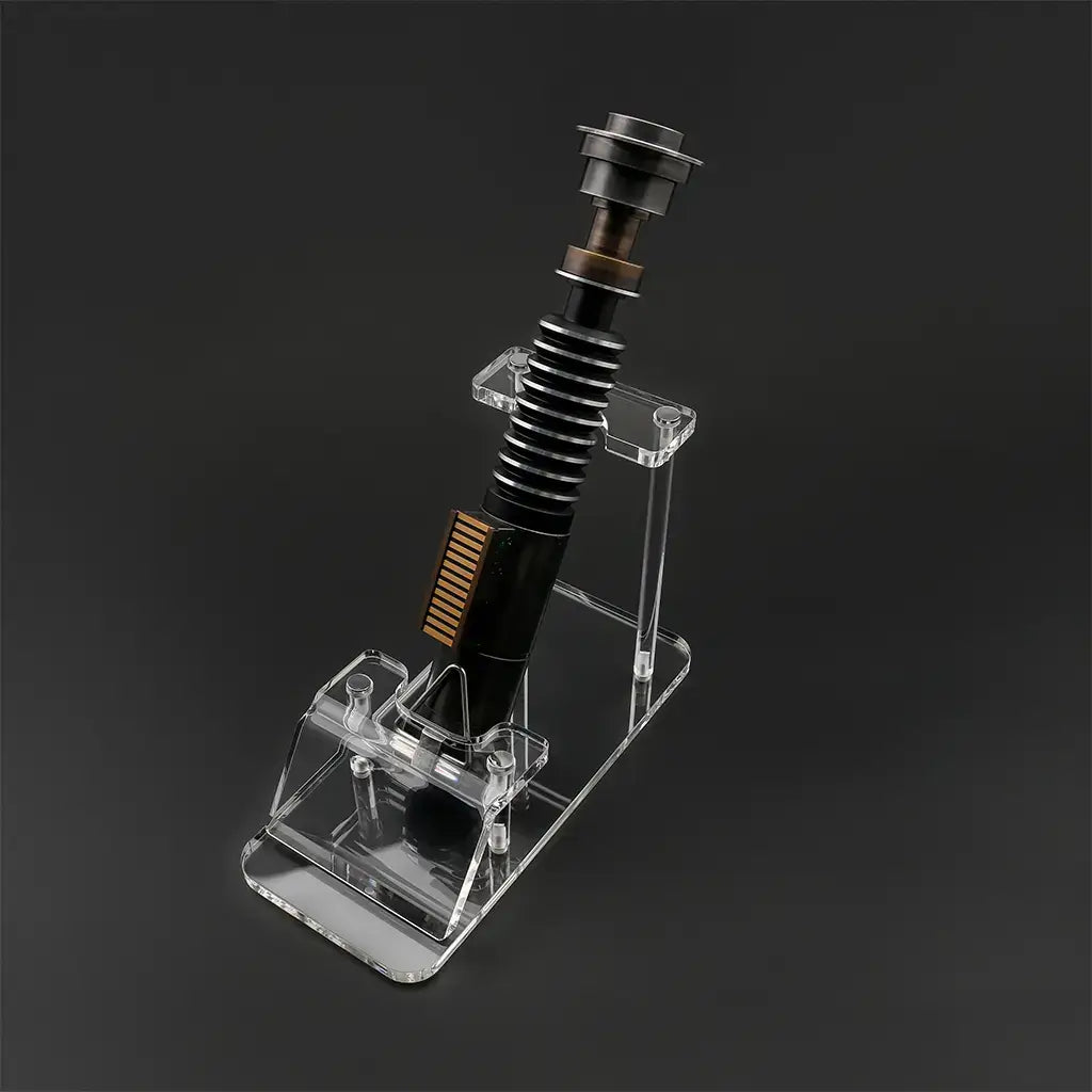 Clear Acrylic Saber Stand: Sleek, transparent design providing stability and visual appeal for showcasing collectible lightsabers.