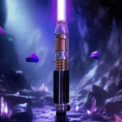 Windu Proffie lightsaber with glowing purple blade surrounded by crystals in a mystical environment.