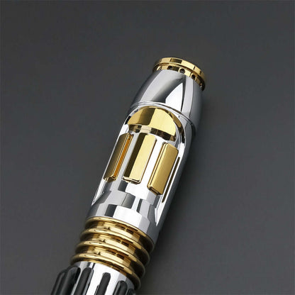 Windu Proffie lightsaber showcasing intricate design with gold and chrome finish, a collectible for fans.