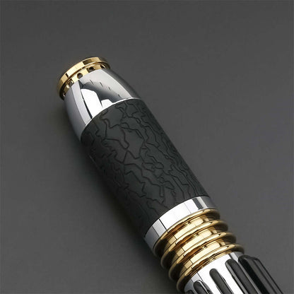 Close-up view of the Windu Proffie lightsaber with intricate details and a sleek design.