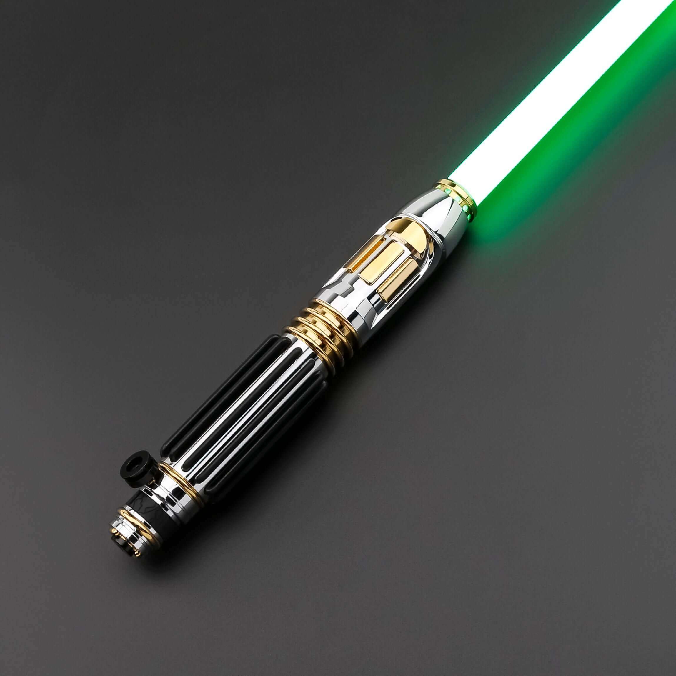Windu Proffie lightsaber with a green blade and detailed metallic hilt, perfect for collectors and fans.