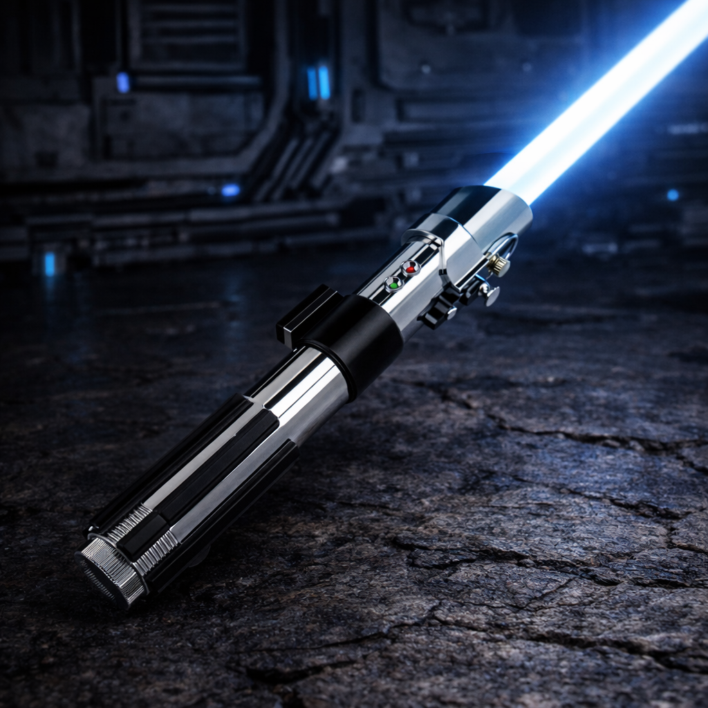 Ani EP2 lightsaber with blue blade, polished silver hilt design by NovaSaber