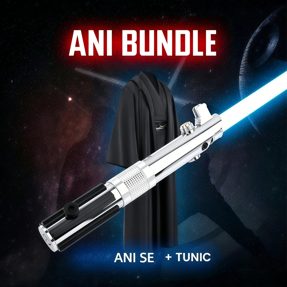 Ani SE lightsaber tunic bundle featuring a lightsaber and tunic in a galaxy backdrop.