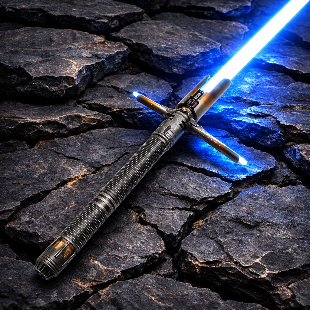 Cal Kestis Crossguard lightsaber with blue blade resting on cracked rock background