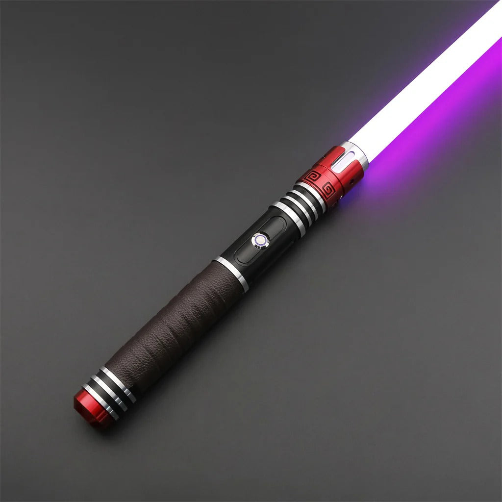 Crimson Vortex lightsaber with a polished hilt and vibrant purple blade on a dark background.