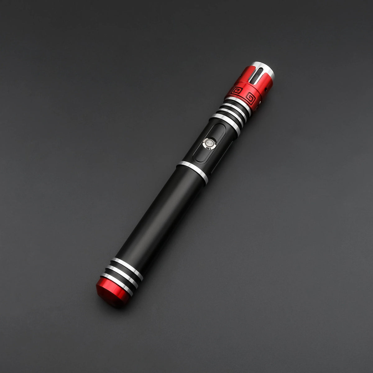 Crimson Vortex lightsaber showcasing a sleek black and red design, ideal for collectors and enthusiasts.