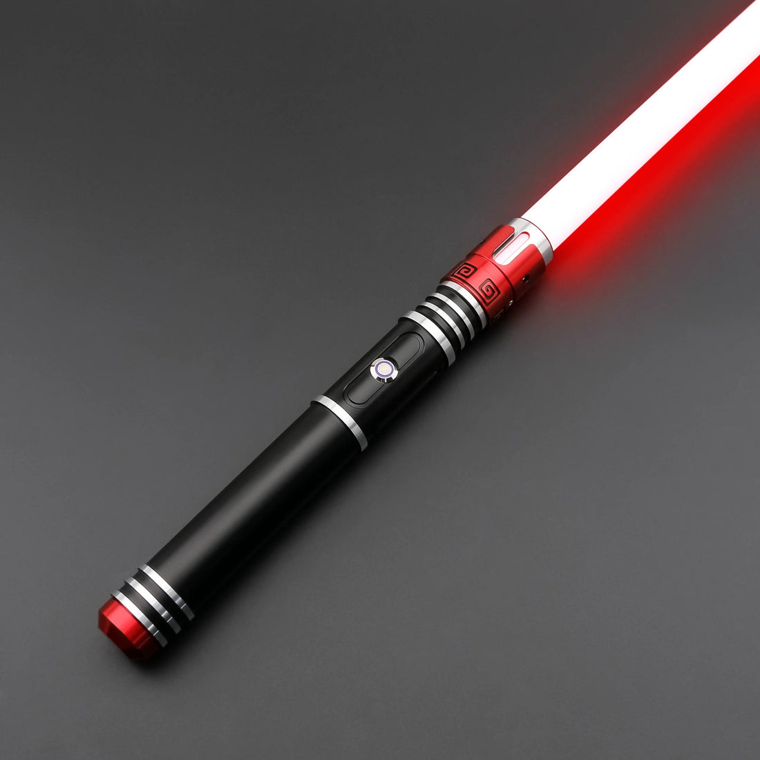 Crimson Vortex lightsaber featuring a polished hilt and red blade, representing galactic craftsmanship.