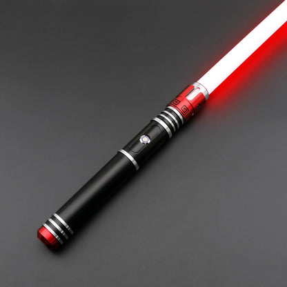 Crimson Vortex lightsaber featuring a polished hilt and red blade, representing galactic craftsmanship.