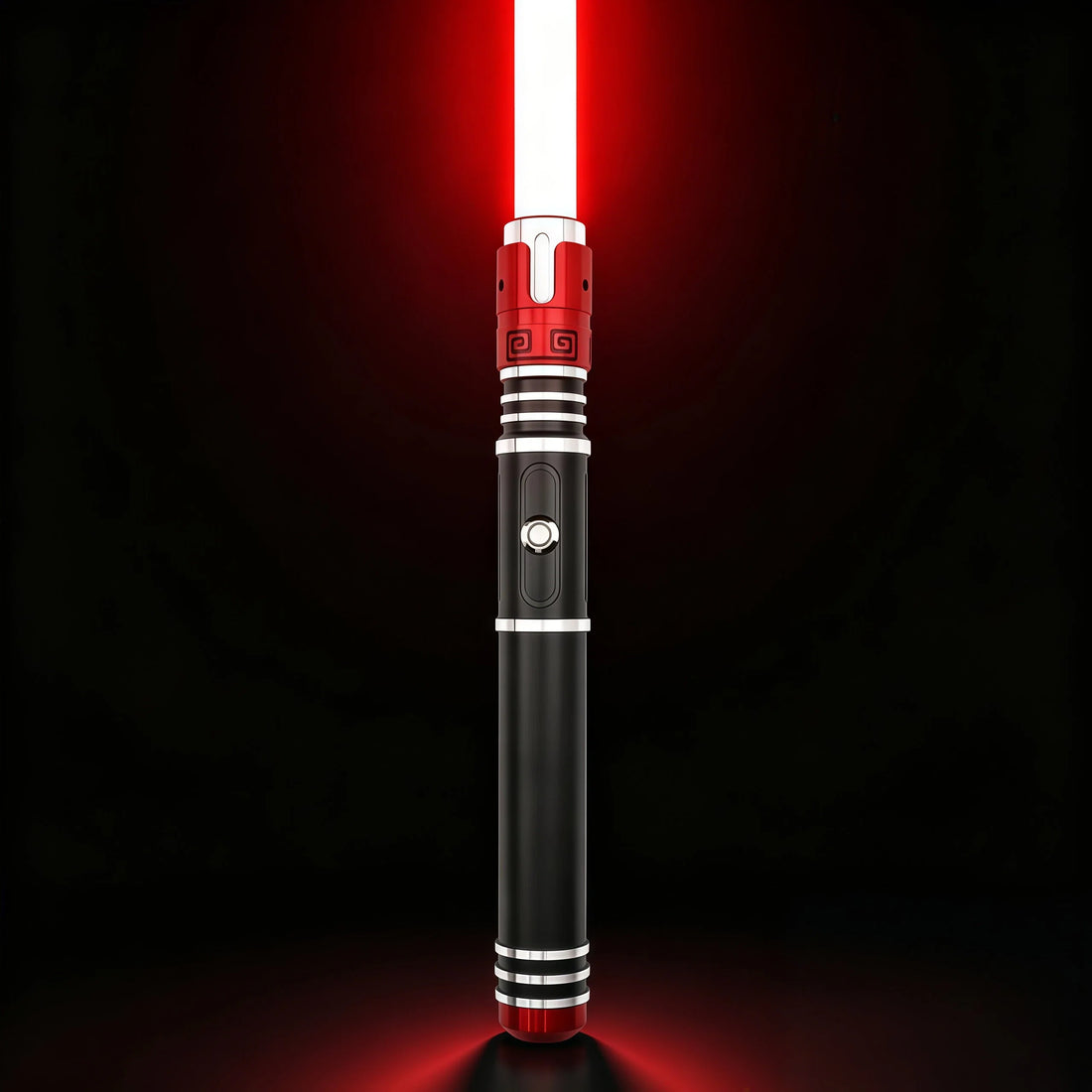Crimson Vortex lightsaber with a striking red blade and polished hilt on a black background.