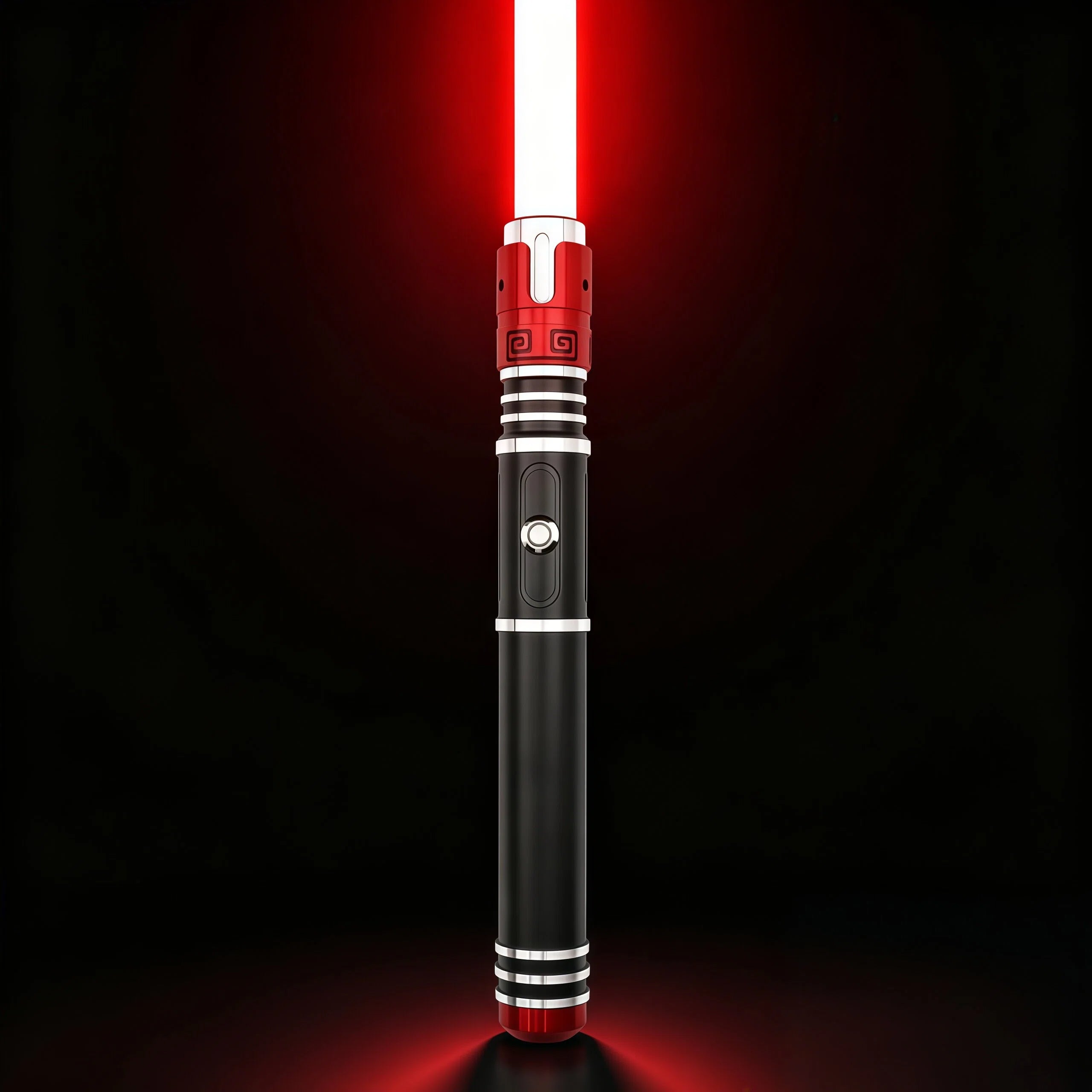 Crimson Vortex lightsaber with a striking red blade and polished hilt on a black background.