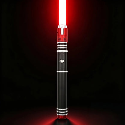 Crimson Vortex lightsaber with a striking red blade and polished hilt on a black background.