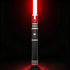 Crimson Vortex lightsaber with a striking red blade and polished hilt on a black background.