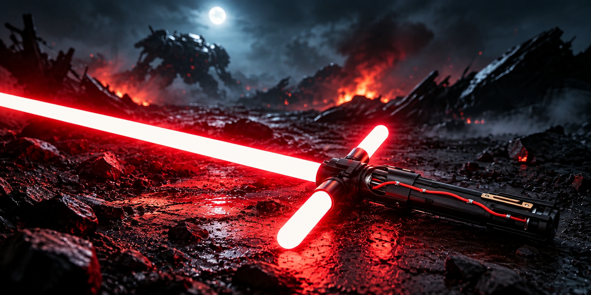 Crossguard lightsaber with illuminated red main blade and two side blades