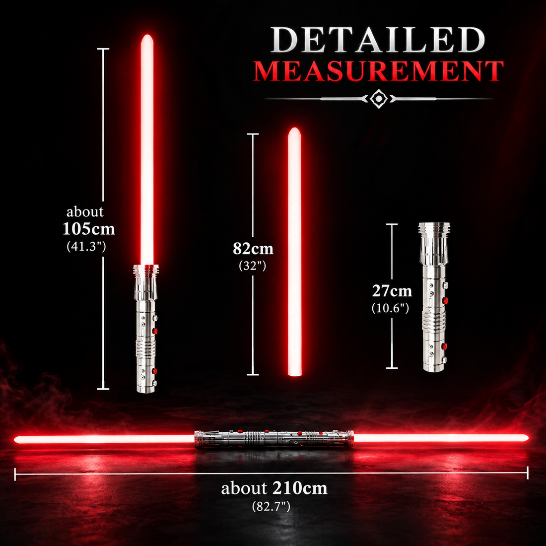 Darth Maul double-bladed lightsaber dimensions with 27 cm hilt, 82 cm blade, and approximately 210 cm overall length