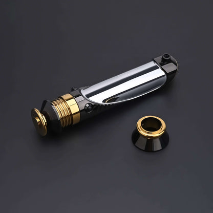 Emperor lightsaber hilt with interchangeable emitter component displayed