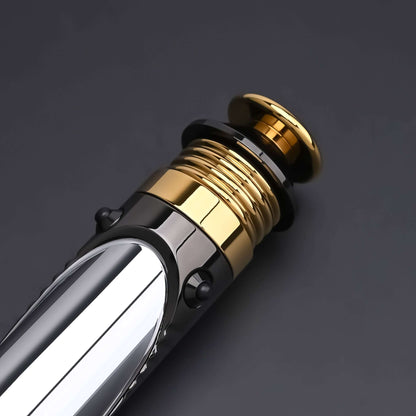 Emperor lightsaber hilt highlighting its gold accents and polished finish
