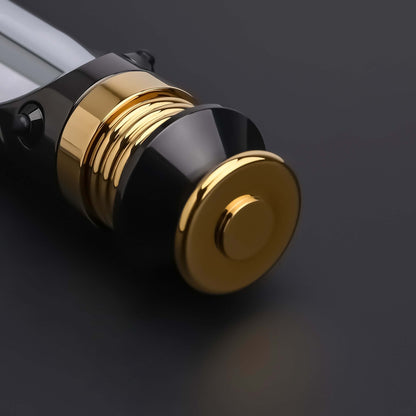 Close-up of the Emperor lightsaber hilt pommel with gold detailing