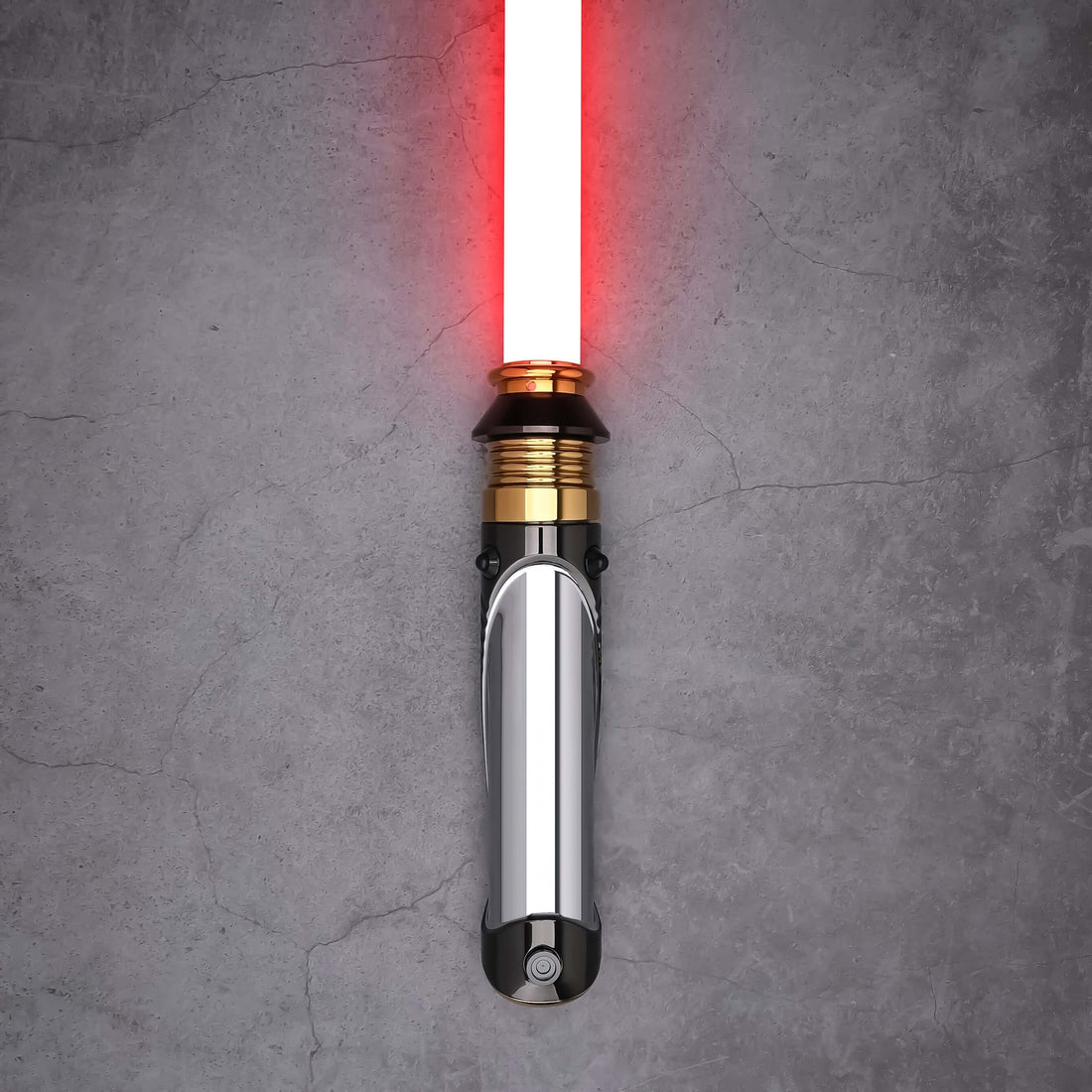 Emperor lightsaber hilt standing upright with active red blade illumination