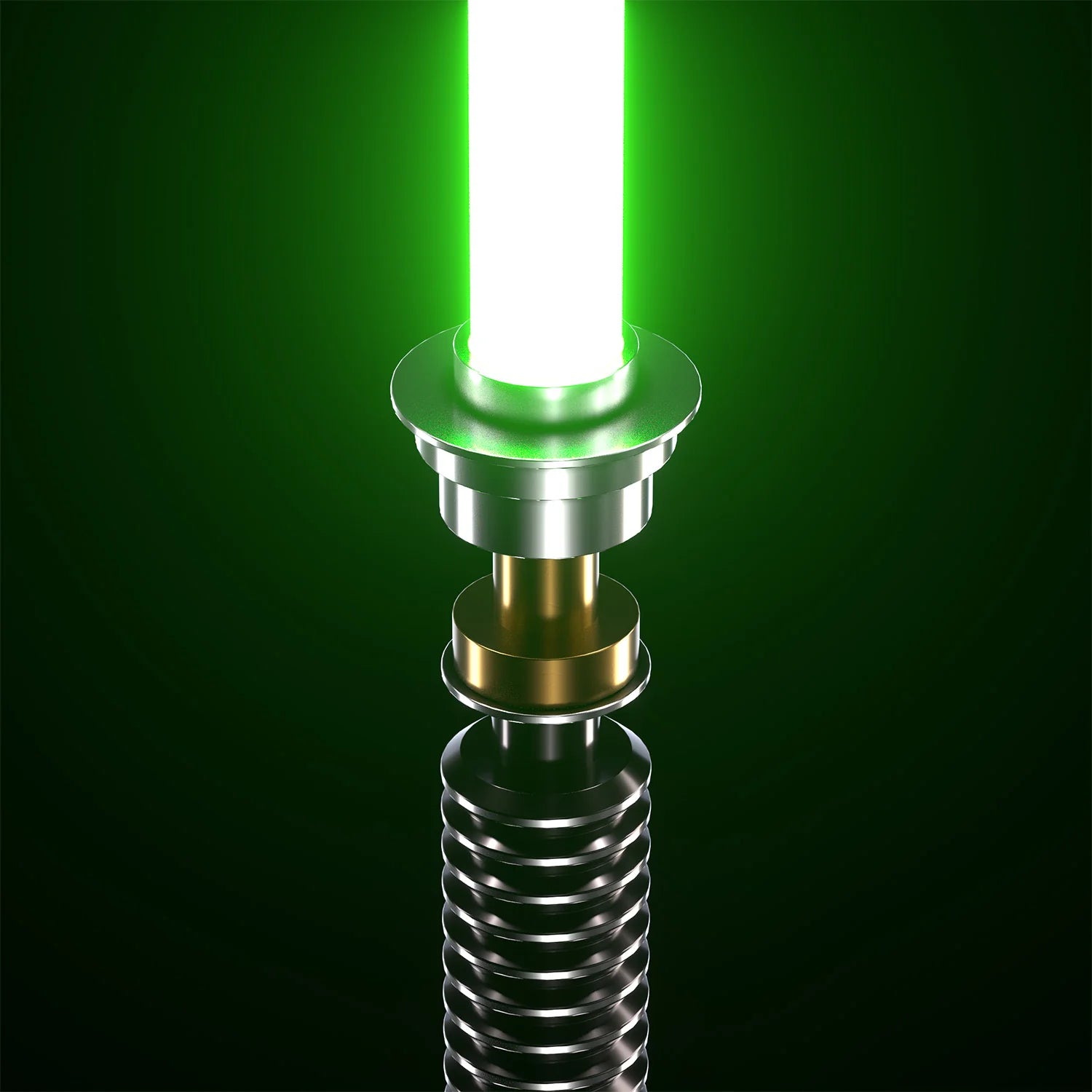 Luke ROTJ Saber from Novasaber, featuring an expertly crafted hilt with silver, black, and green accents, paired with a bright green blade, replicating Luke Skywalker&