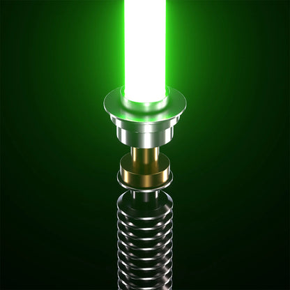 Luke ROTJ Saber from Novasaber, featuring an expertly crafted hilt with silver, black, and green accents, paired with a bright green blade, replicating Luke Skywalker&
