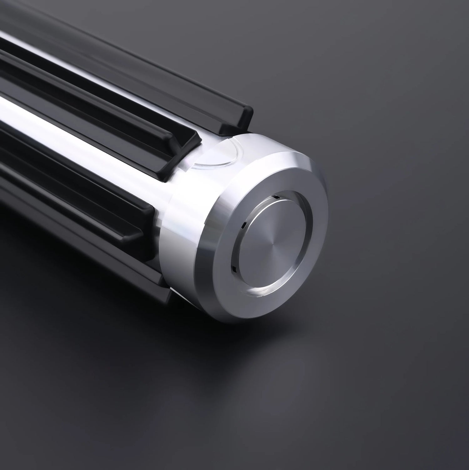 Close-up of The Void Walker heavy dueling lightsaber featuring polished silver and matte black design.