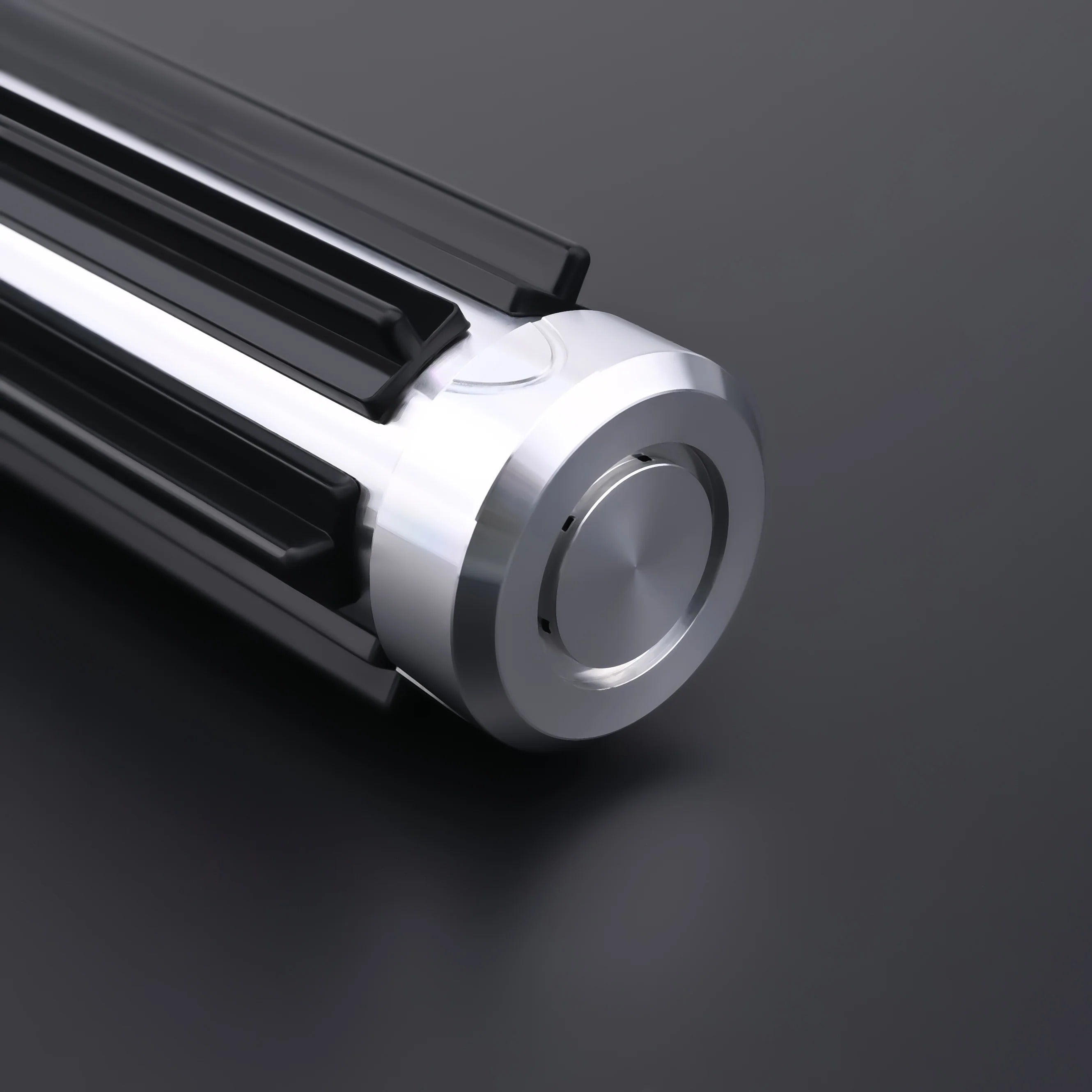 Close-up of The Void Walker heavy dueling lightsaber featuring polished silver and matte black design.