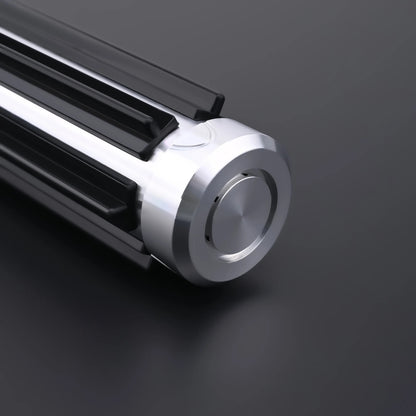 Close-up of The Void Walker heavy dueling lightsaber featuring polished silver and matte black design.
