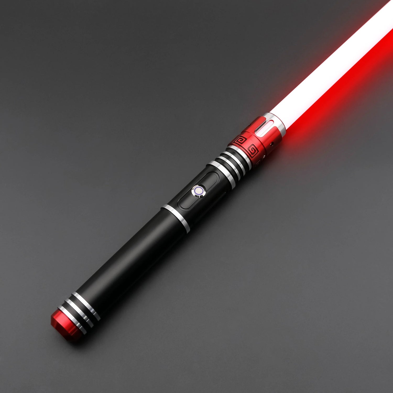Crimson Vortex lightsaber featuring a polished hilt and red blade, representing galactic craftsmanship.