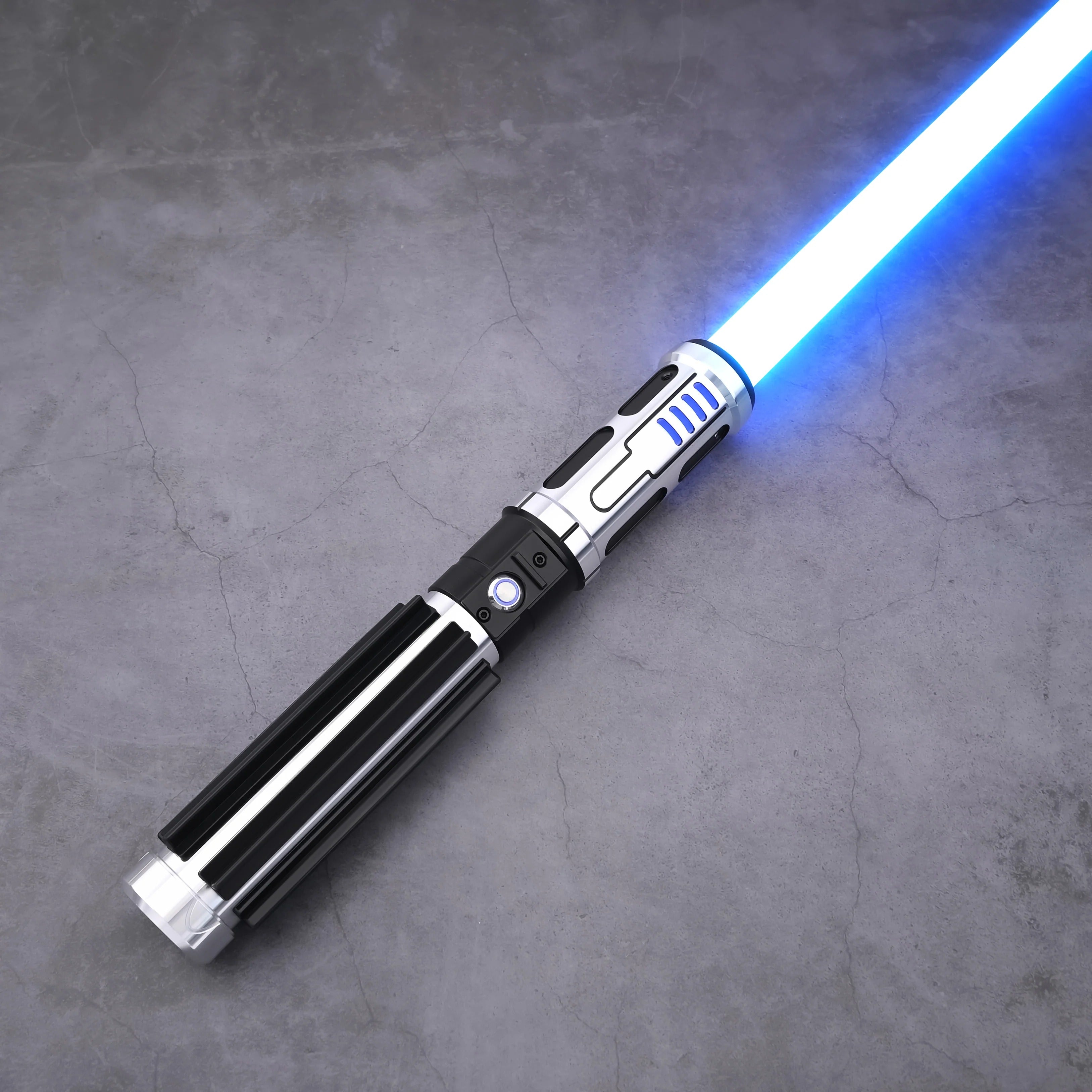 The Void Walker heavy dueling lightsaber with a polished silver alloy body and blue blade, ideal for martial arts.