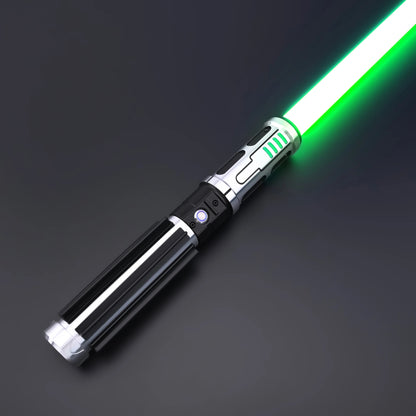 The Void Walker heavy dueling lightsaber with a polished silver and matte black design lighting up in green.