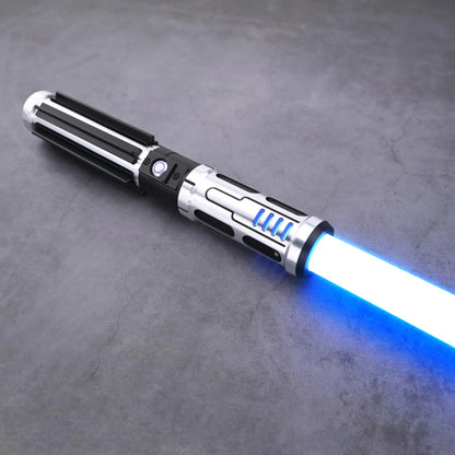 The Void Walker heavy dueling lightsaber with blue blade and polished silver alloy design on a textured surface.
