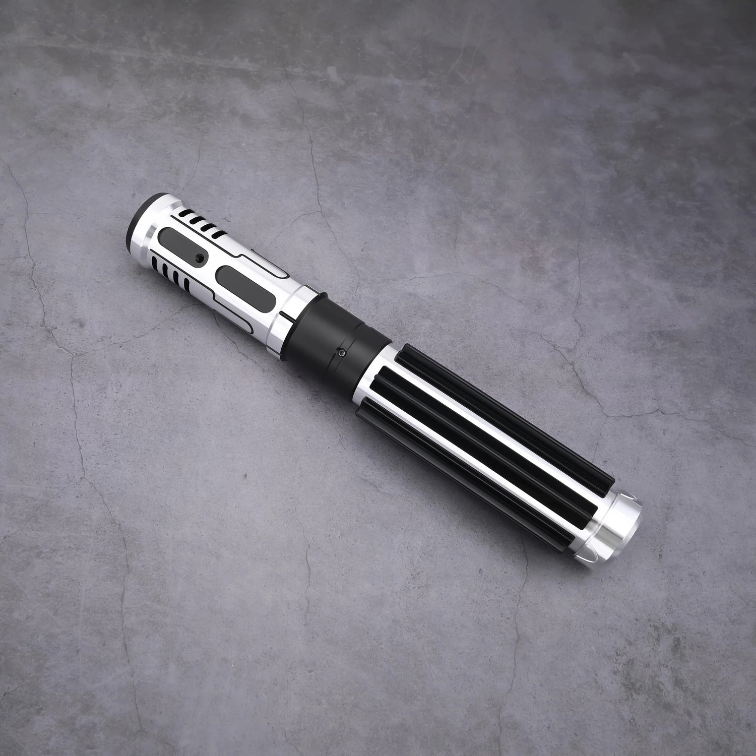The Void Walker heavy dueling lightsaber featuring a polished silver alloy body and matte black finish.