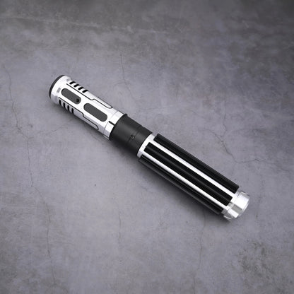 The Void Walker heavy dueling lightsaber featuring a polished silver alloy body and matte black finish.