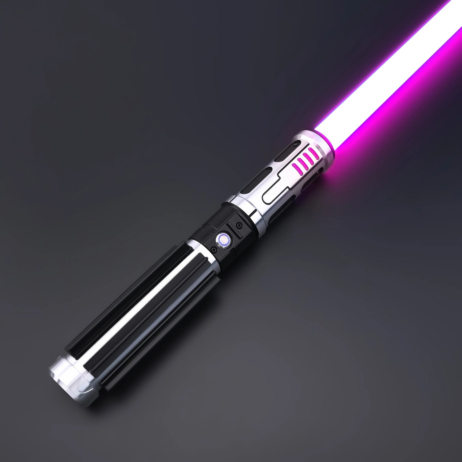 The Void Walker heavy dueling lightsaber with polished silver and matte black design, glowing pink blade.