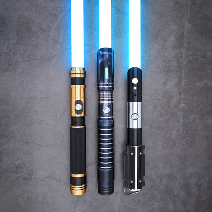 The Jedi Trinity lightsaber set standing upright with glowing blue blades