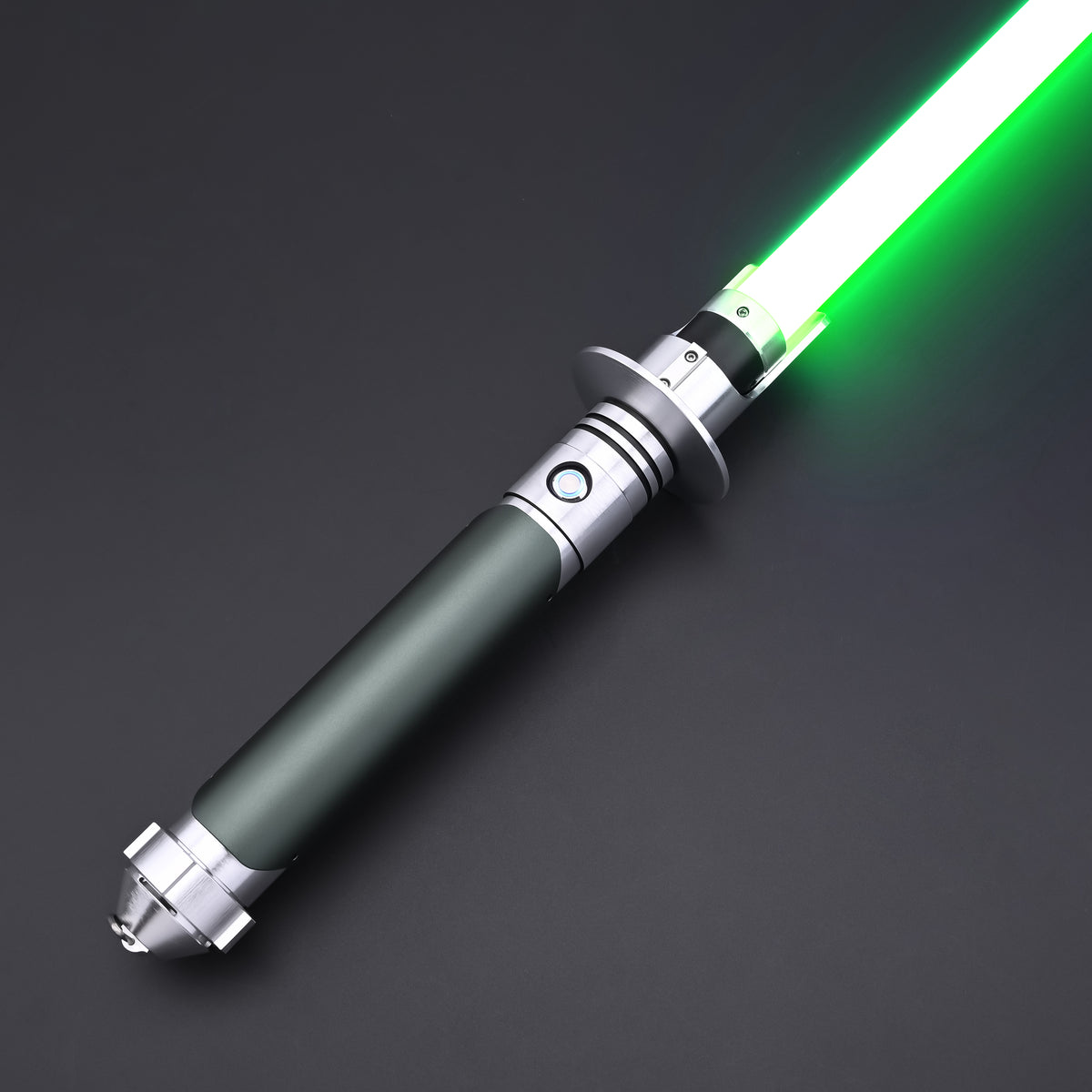 Kanan SE lightsaber hilt standing upright with a vibrant blue blade