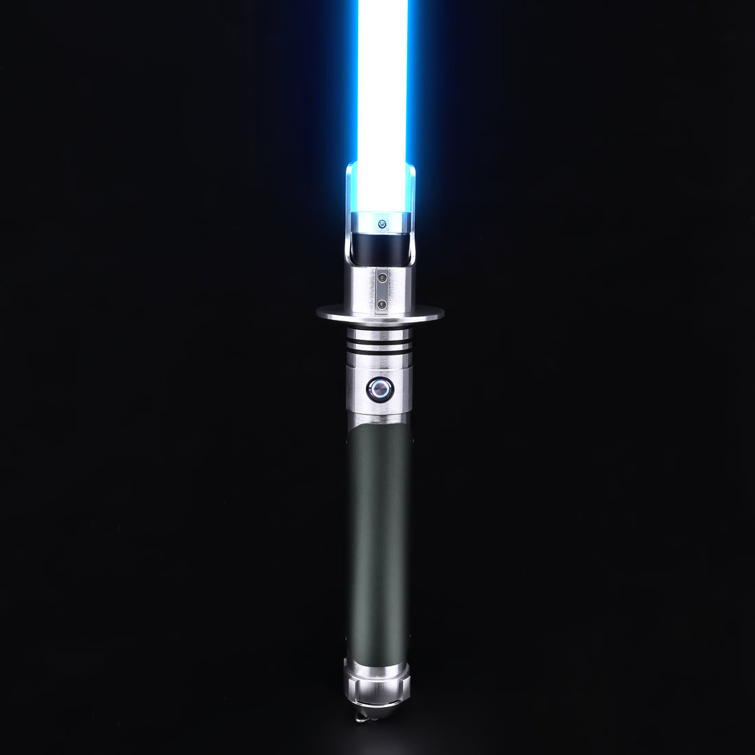 Kanan SE lightsaber hilt standing upright with a vibrant blue blade