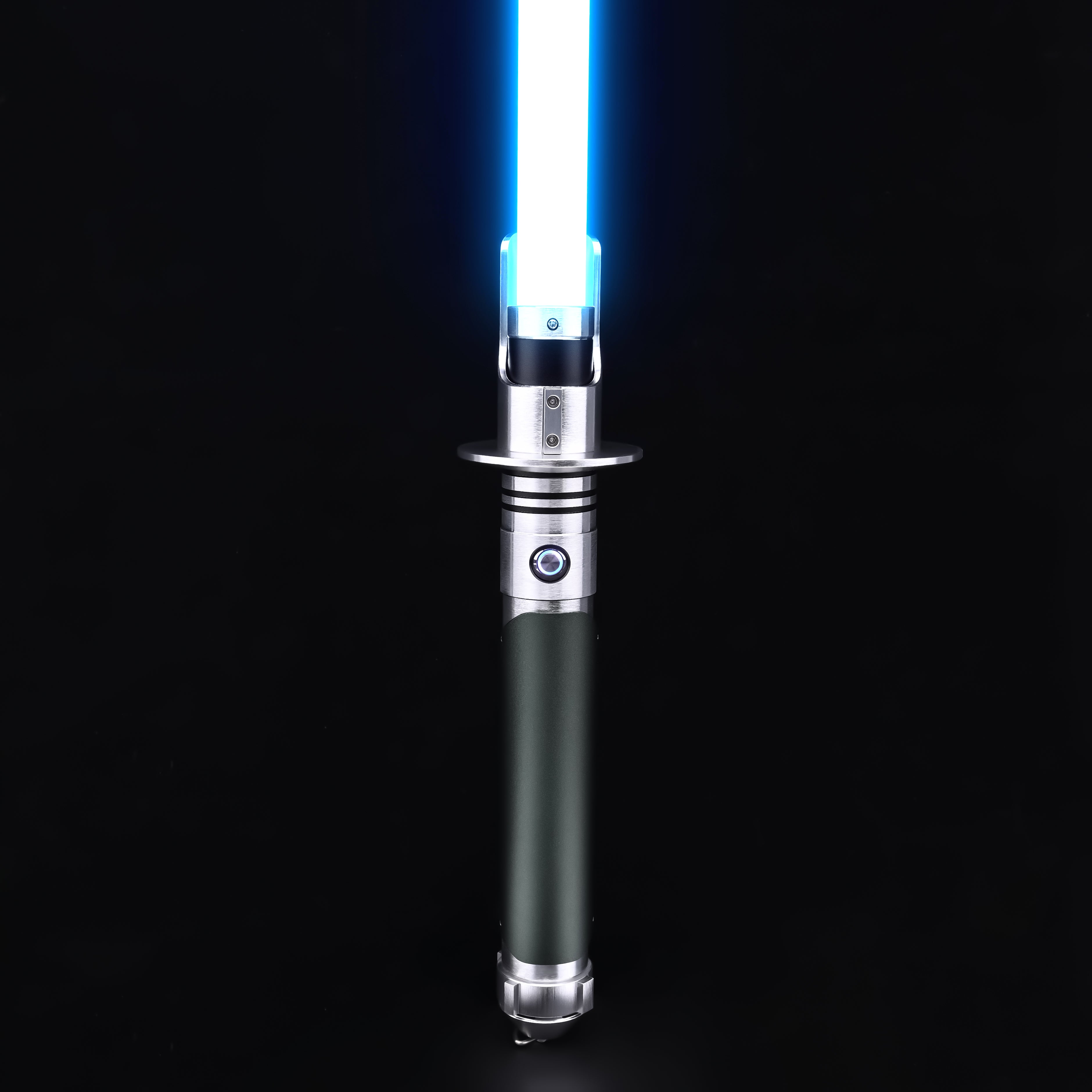 Kanan SE lightsaber hilt standing upright with a vibrant blue blade