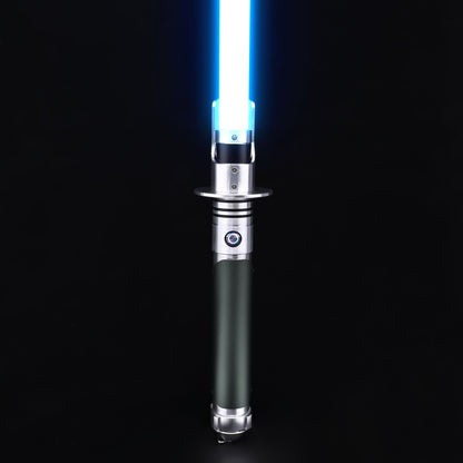 Kanan SE lightsaber hilt standing upright with a vibrant blue blade