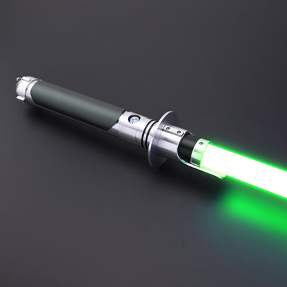 Kanan SE lightsaber hilt with a glowing green blade illumination