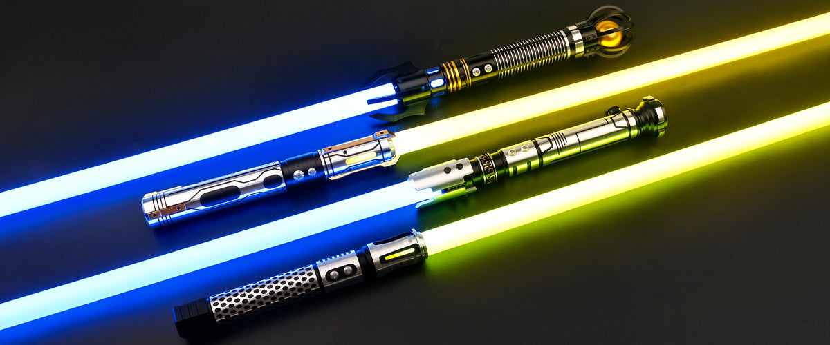 Knight sabers with illuminated blue, green, and yellow blades