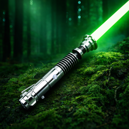 Luke SE lightsaber with green blade, combat-ready metal hilt displayed in a cinematic forest background – NovaSaber