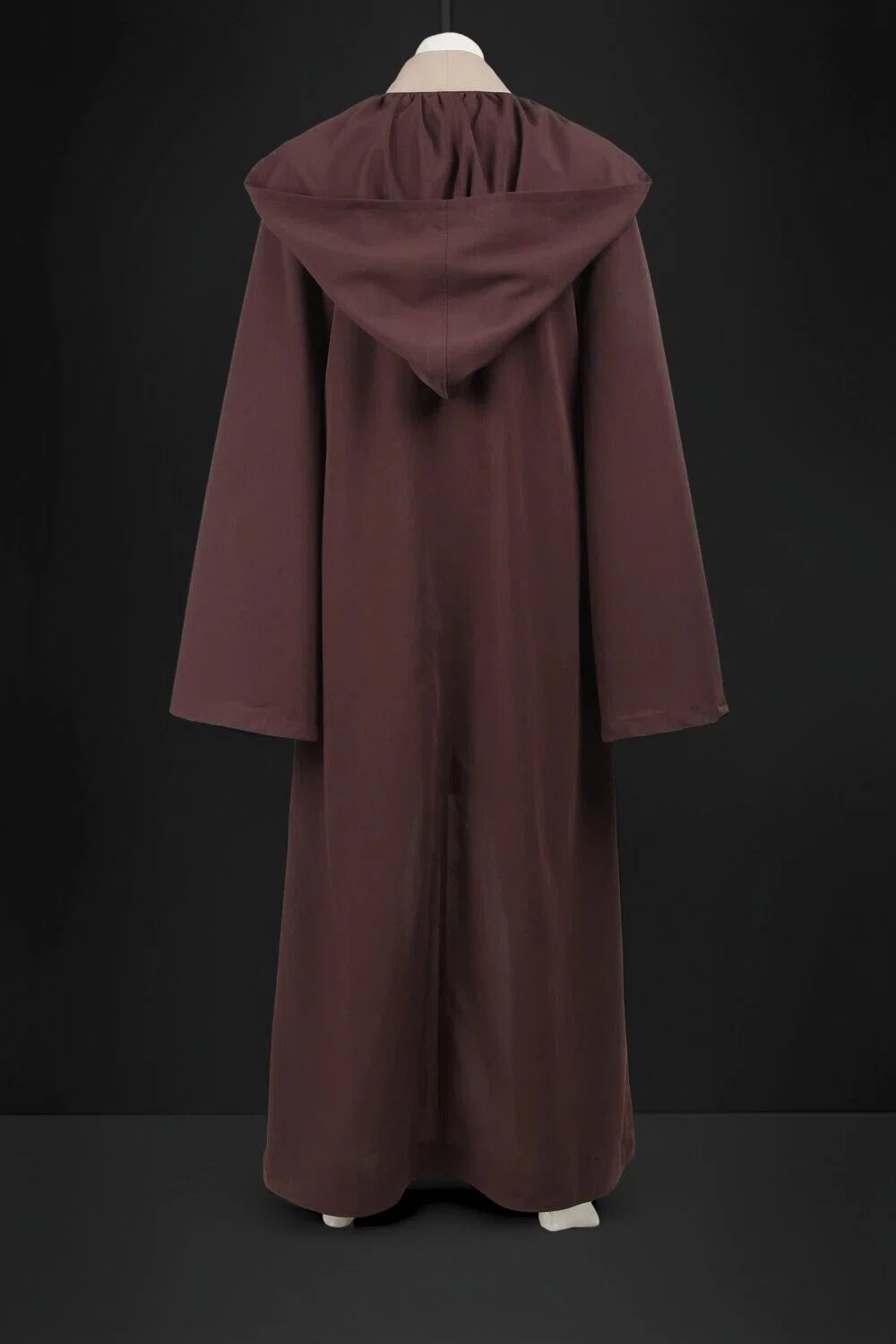 Back view of Mace Windu Jedi Master cosplay outfit hooded robe in dark brown fabric, perfect for Star Wars fans.
