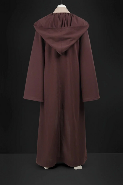 Back view of Mace Windu Jedi Master cosplay outfit hooded robe in dark brown fabric, perfect for Star Wars fans.