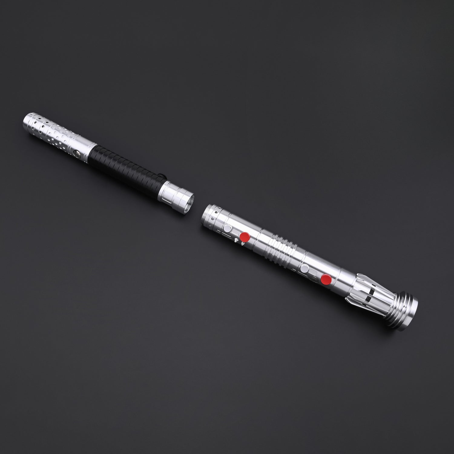 Full length display of the Maul-Ventress lightsaber in a dual-bladed configuration