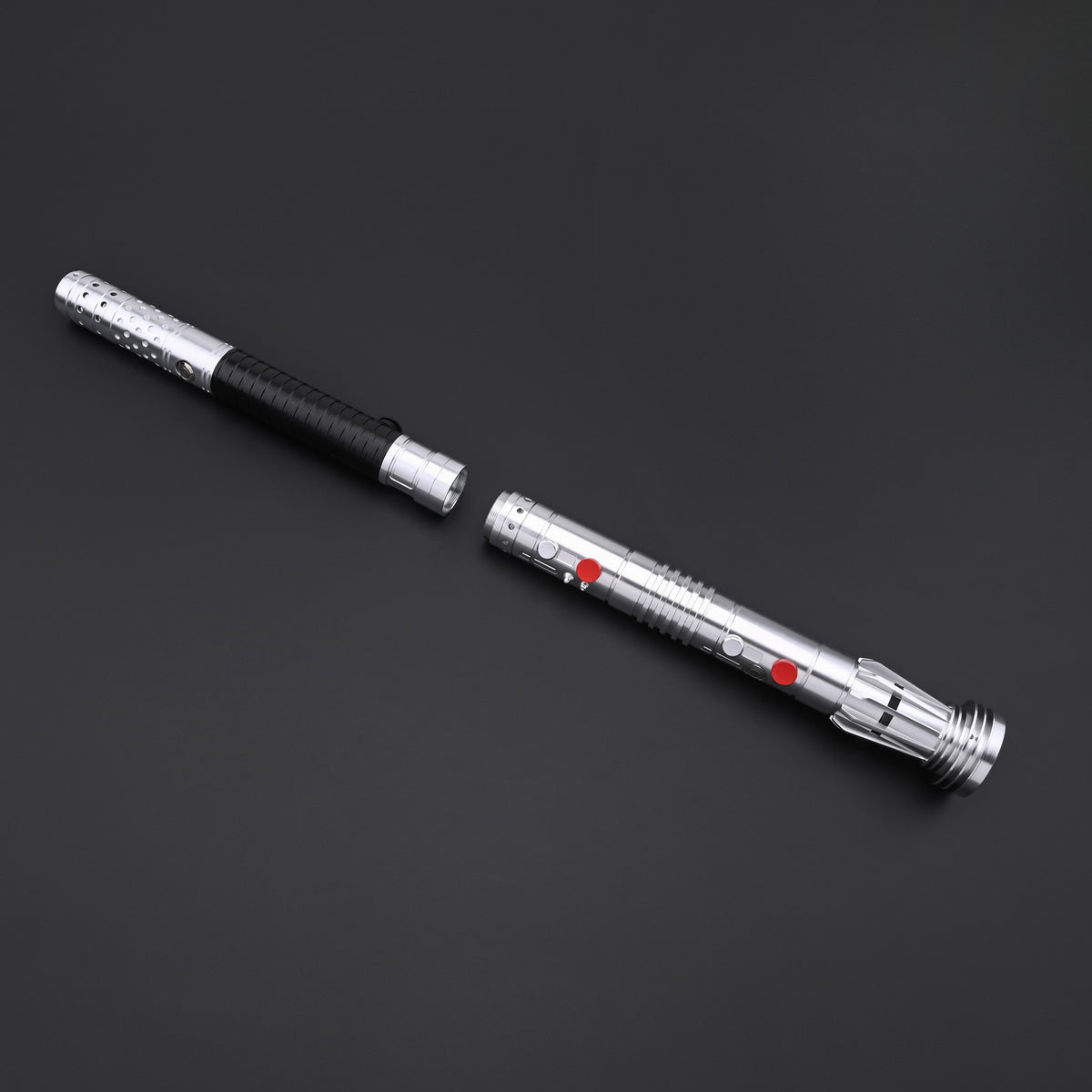 Full length display of the Maul-Ventress lightsaber in a dual-bladed configuration