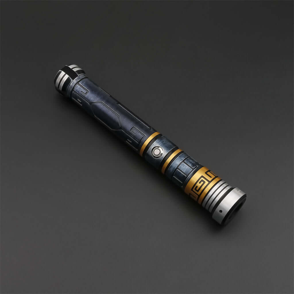 High-end MV Champion lightsaber with intricate design and futuristic aesthetics on a black background.