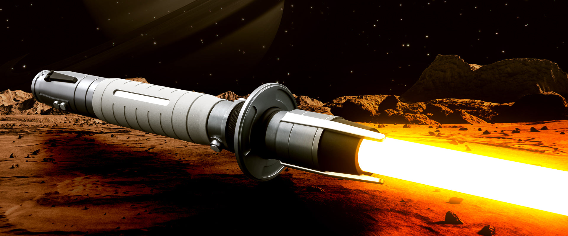 NovaSaber tactical custom combat lightsaber with full-saturation orange plasma blade ignited on a desolate volcanic planet terrain background.